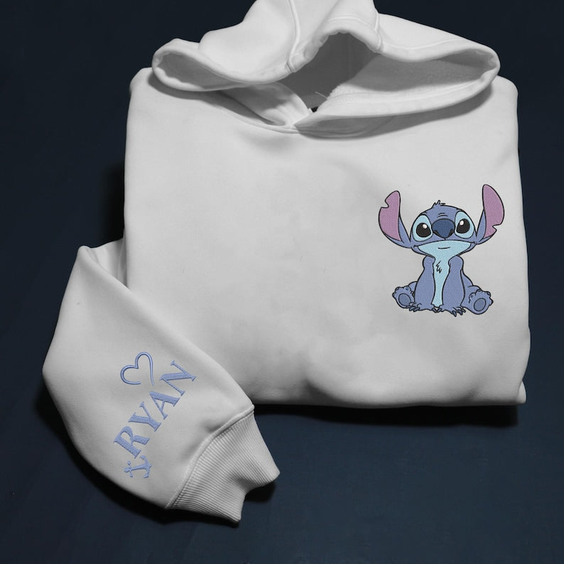 Personalized Stitch and Angel Embroidered Sweatshirt, Disney Couple Embroidery Hoodie, Matching Embroidery Shirt, Custom Name Sleeve, Gifts