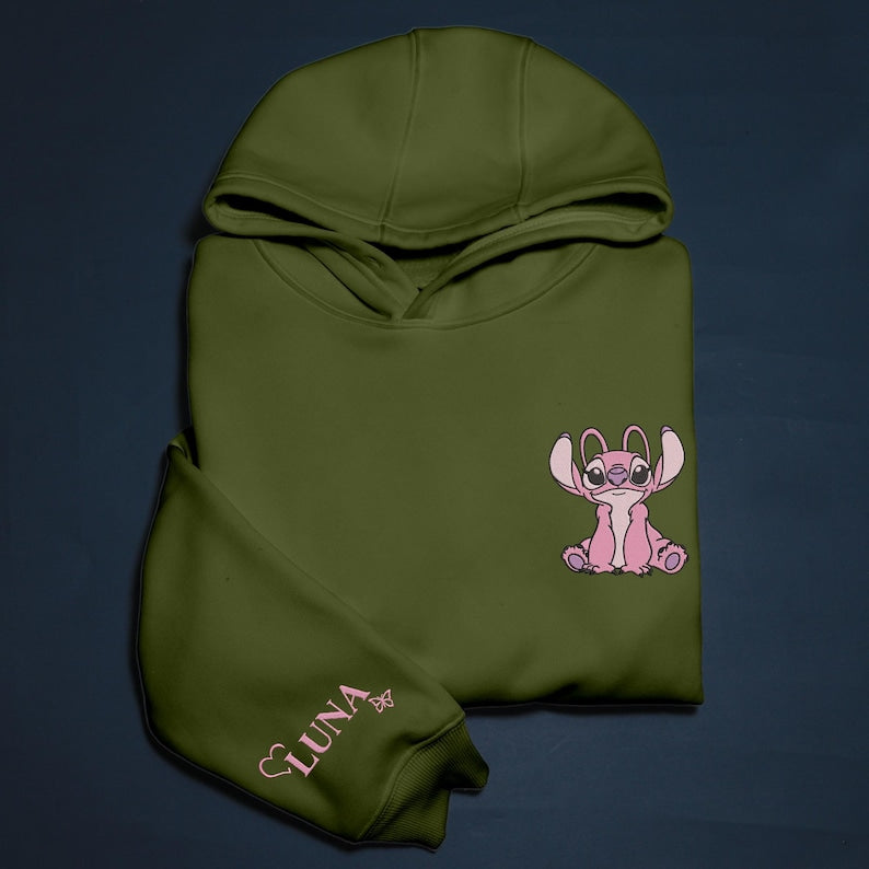 Personalized Stitch and Angel Embroidered Sweatshirt, Disney Couple Embroidery Hoodie, Matching Embroidery Shirt, Custom Name Sleeve, Gifts