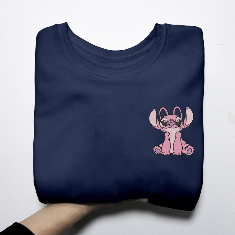Personalized Stitch and Angel Embroidered Sweatshirt, Disney Couple Embroidery Hoodie, Matching Embroidery Shirt, Custom Name Sleeve, Gifts