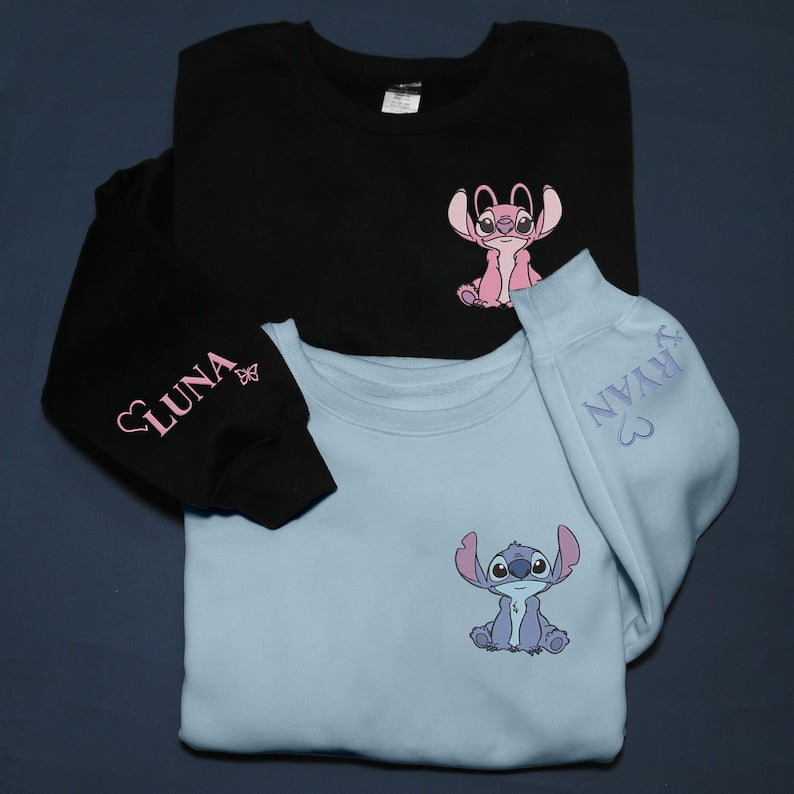 Personalized Stitch and Angel Embroidered Sweatshirt, Disney Couple Embroidery Hoodie, Matching Embroidery Shirt, Custom Name Sleeve, Gifts
