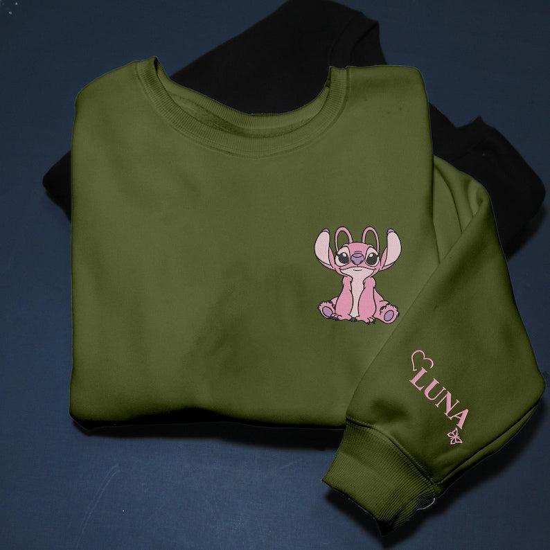 Personalized Stitch and Angel Embroidered Sweatshirt, Disney Couple Embroidery Hoodie, Matching Embroidery Shirt, Custom Name Sleeve, Gifts