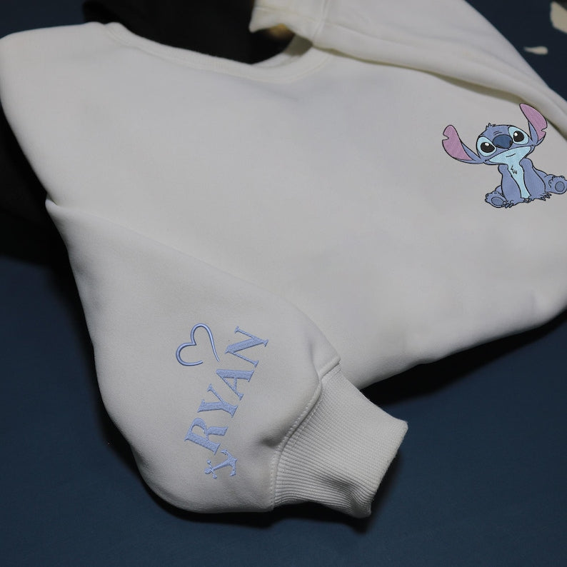 Personalized Stitch and Angel Embroidered Sweatshirt, Disney Couple Embroidery Hoodie, Matching Embroidery Shirt, Custom Name Sleeve, Gifts