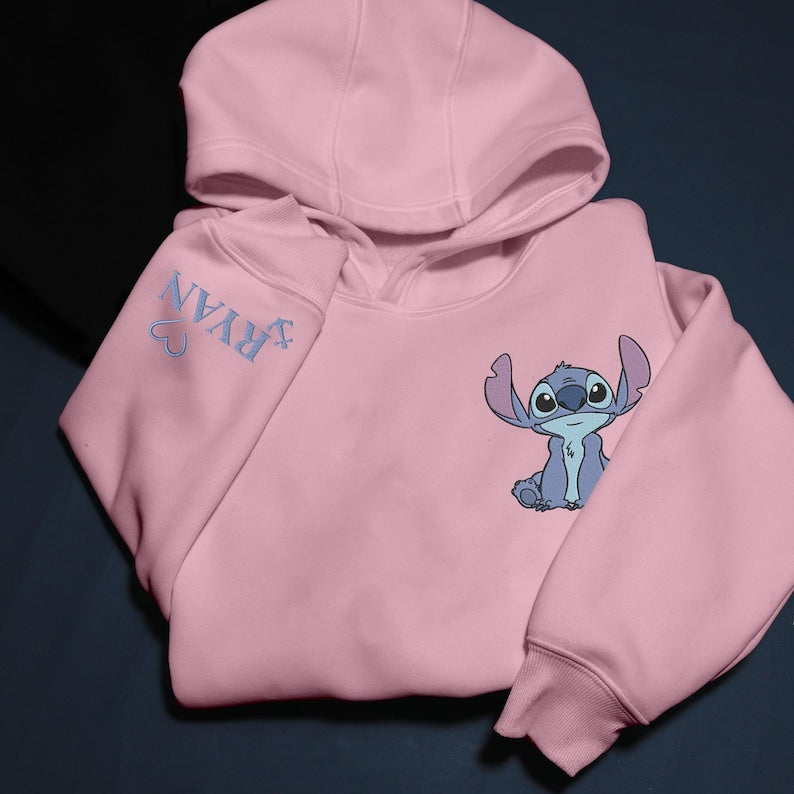 Personalized Stitch and Angel Embroidered Sweatshirt, Disney Couple Embroidery Hoodie, Matching Embroidery Shirt, Custom Name Sleeve, Gifts