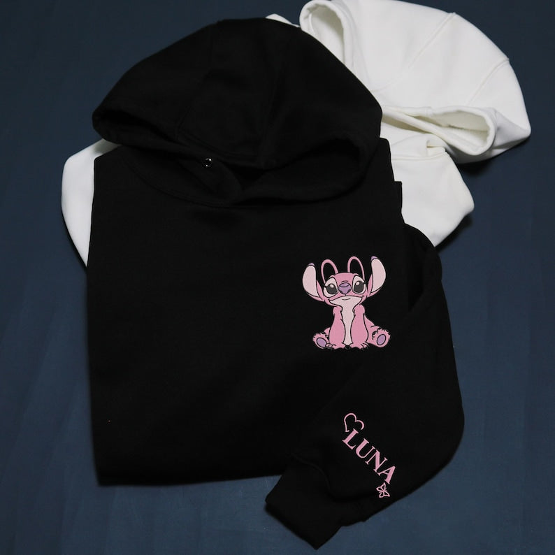 Personalized Stitch and Angel Embroidered Sweatshirt, Disney Couple Embroidery Hoodie, Matching Embroidery Shirt, Custom Name Sleeve, Gifts