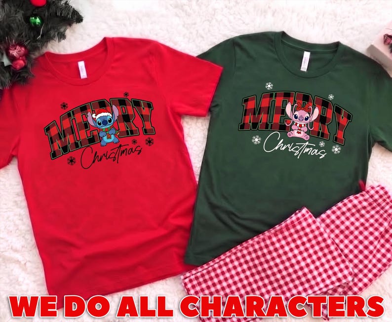 Stitch and Angel Christmas Couple T-Shirt, Lilo & Stitch Holiday Tee, Disney Christmas Shirt, Cute Gift for Kids