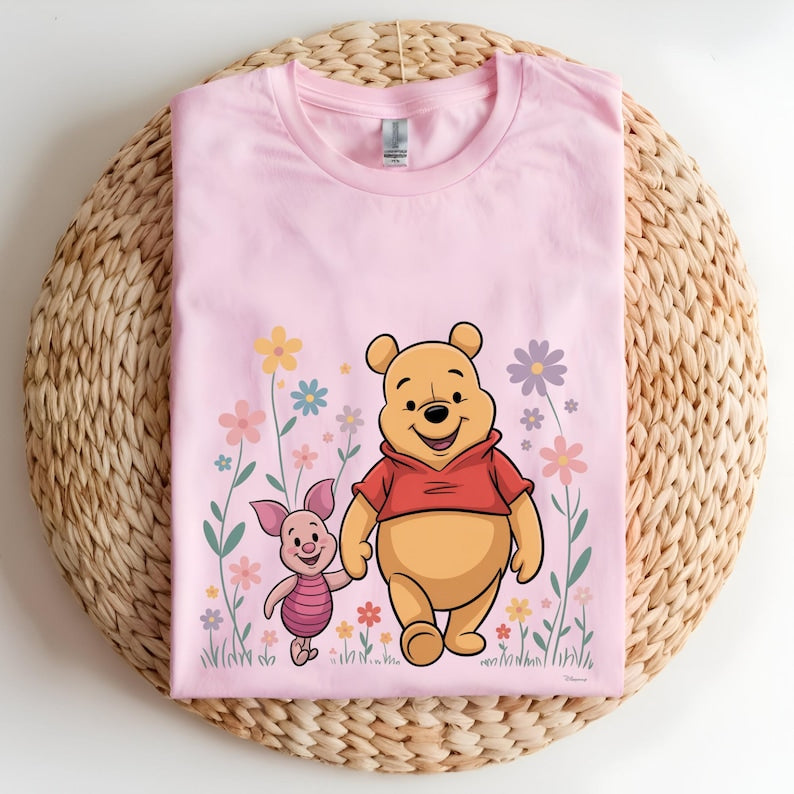 Winnie the Pooh DTF Transfer, Pooh and Piglet Ready to Press, Floral Disney Shirt Transfer, Cute Friendship DTF, Spring Pooh DTF