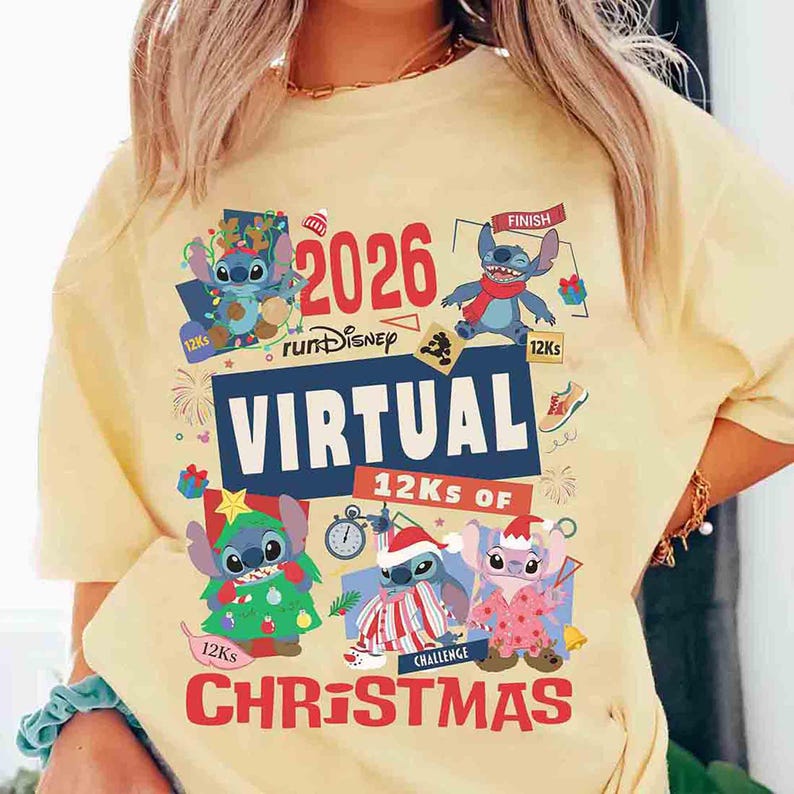 runDisney Virtual 12Ks of Christmas Challenge Shirt, Lilo & Stitch WDW Running Xmas 2026 Shirt, Dissney Stitch Angel Christmas Runner 4K Tee