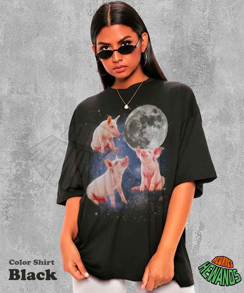 Three Pigs Retro Graphic T-shirts, Vintage Pigs Moon Tshirt, Pigs Shirt, Funny Pigs Tee, Oversized Meme Pigs Tee, Piglet Shirt, Pig Tee