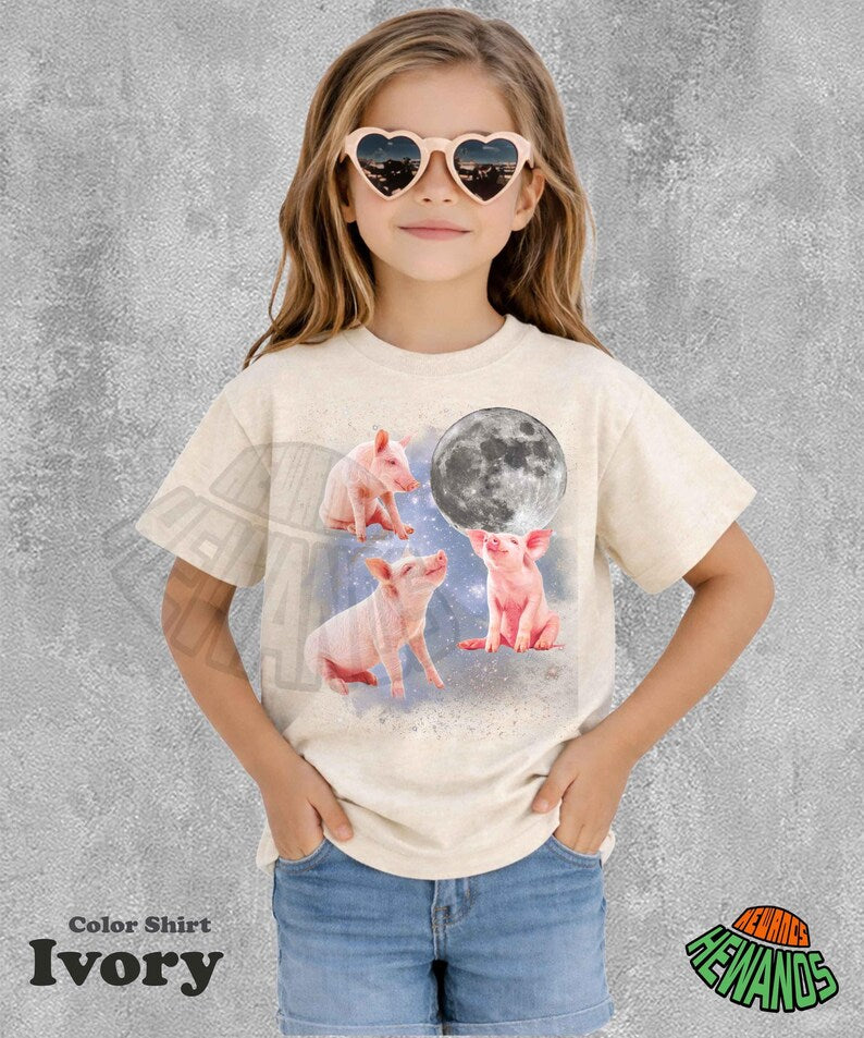 Three Pigs Retro Graphic T-shirts, Vintage Pigs Moon Tshirt, Pigs Shirt, Funny Pigs Tee, Oversized Meme Pigs Tee, Piglet Shirt, Pig Tee