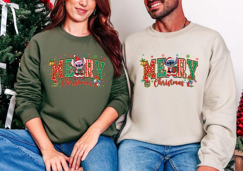 Stitch and Angel Christmas Sweatshirt Cute Couple Xmas Sweatshirt Santa Stitch Matching Family Sweatshirt Xmas Gift Hooneymoon Sweatshirt