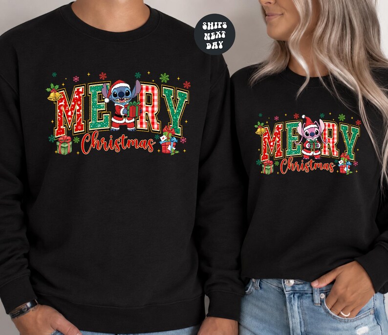 Stitch and Angel Christmas Sweatshirt Cute Couple Xmas Sweatshirt Santa Stitch Matching Family Sweatshirt Xmas Gift Hooneymoon Sweatshirt