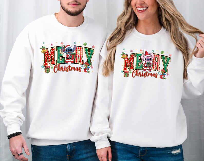 Stitch and Angel Christmas Sweatshirt Cute Couple Xmas Sweatshirt Santa Stitch Matching Family Sweatshirt Xmas Gift Hooneymoon Sweatshirt