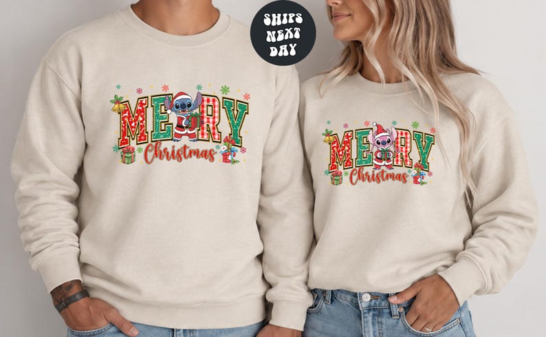 Stitch and Angel Christmas Sweatshirt Cute Couple Xmas Sweatshirt Santa Stitch Matching Family Sweatshirt Xmas Gift Hooneymoon Sweatshirt