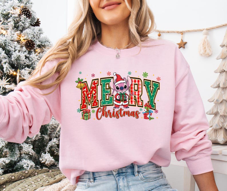 Stitch and Angel Christmas Sweatshirt Cute Couple Xmas Sweatshirt Santa Stitch Matching Family Sweatshirt Xmas Gift Hooneymoon Sweatshirt