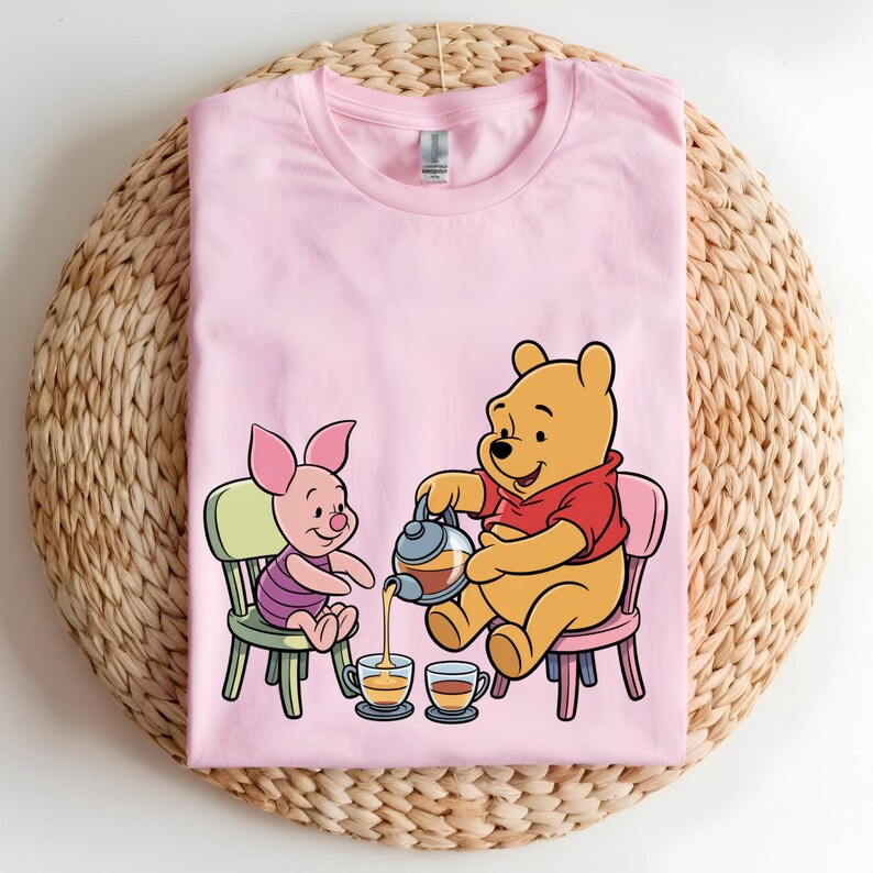 Winnie the Pooh and Piglet DTF Transfer, Pooh Tea Party Ready to Press Transfer, Cute Friendship Cartoon Shirt Design