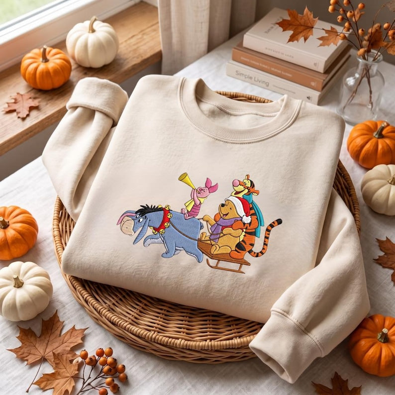 Embroidered Winnie the Pooh Christmas Sweatshirt, Pooh and Friends Holiday Crewneck, Eeyore Tigger Piglet Christmas Sweater, Disney Gift