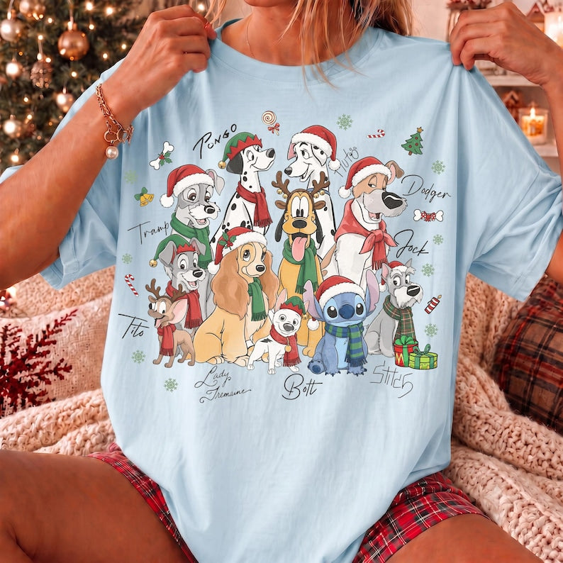 Retro Disney Dogs Signature Christmas Group Comfort Color Shirt, Lady and the Tramp Pluto Stitch Pongo Xmas Tee, Disney Pet Lover Christmas