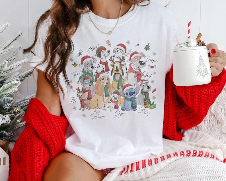 Retro Disney Dogs Signature Christmas Group Comfort Color Shirt, Lady and the Tramp Pluto Stitch Pongo Xmas Tee, Disney Pet Lover Christmas