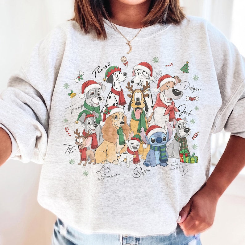 Retro Disney Dogs Signature Christmas Group Comfort Color Shirt, Lady and the Tramp Pluto Stitch Pongo Xmas Tee, Disney Pet Lover Christmas