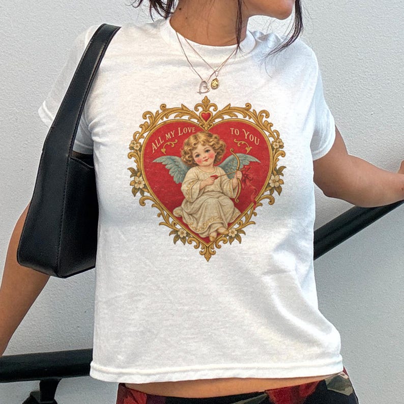 Vintage Cherub Baby Tee, Angel Heart Graphic Shirt, Y2K Cupid T Shirt, Romantic Valentine Top, Retro Love Shirt, 90s Baby Tee, Youth Size