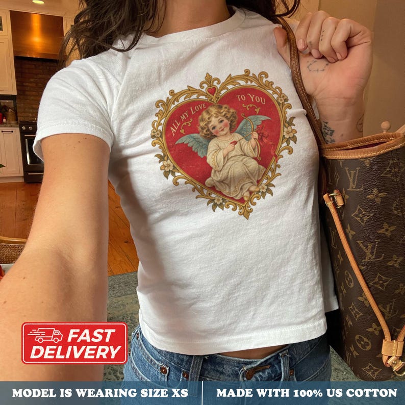 Vintage Cherub Baby Tee, Angel Heart Graphic Shirt, Y2K Cupid T Shirt, Romantic Valentine Top, Retro Love Shirt, 90s Baby Tee, Youth Size
