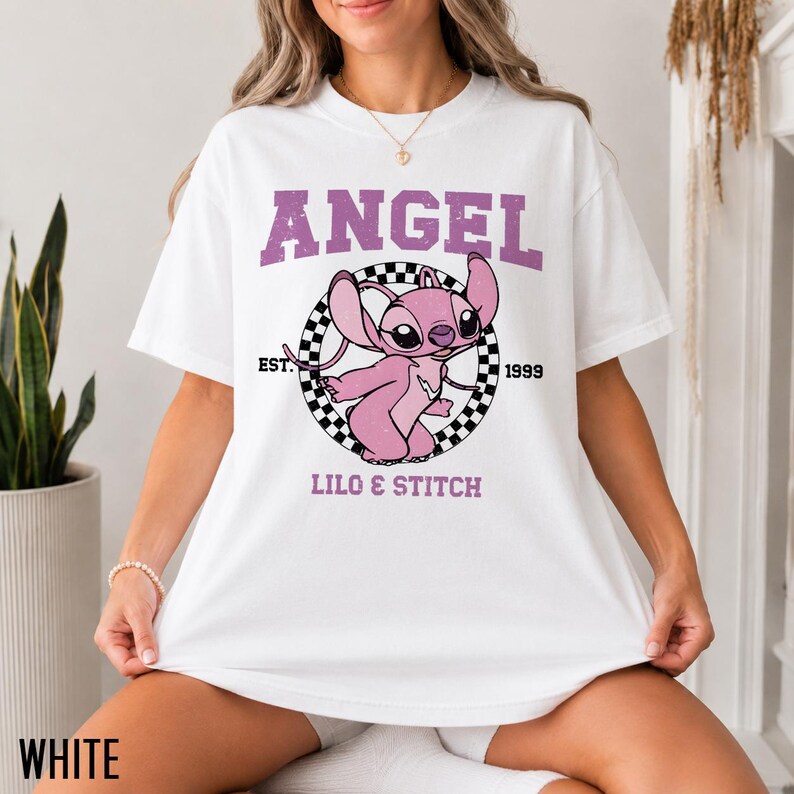 Pink Angel Stitch Shirt, Lilo & Stitch Tee, Disney Angel Shirt, Vintage Retro Graphic T-Shirt, Y2K Cartoon Tee, Women’s Comfort Colors Shirt