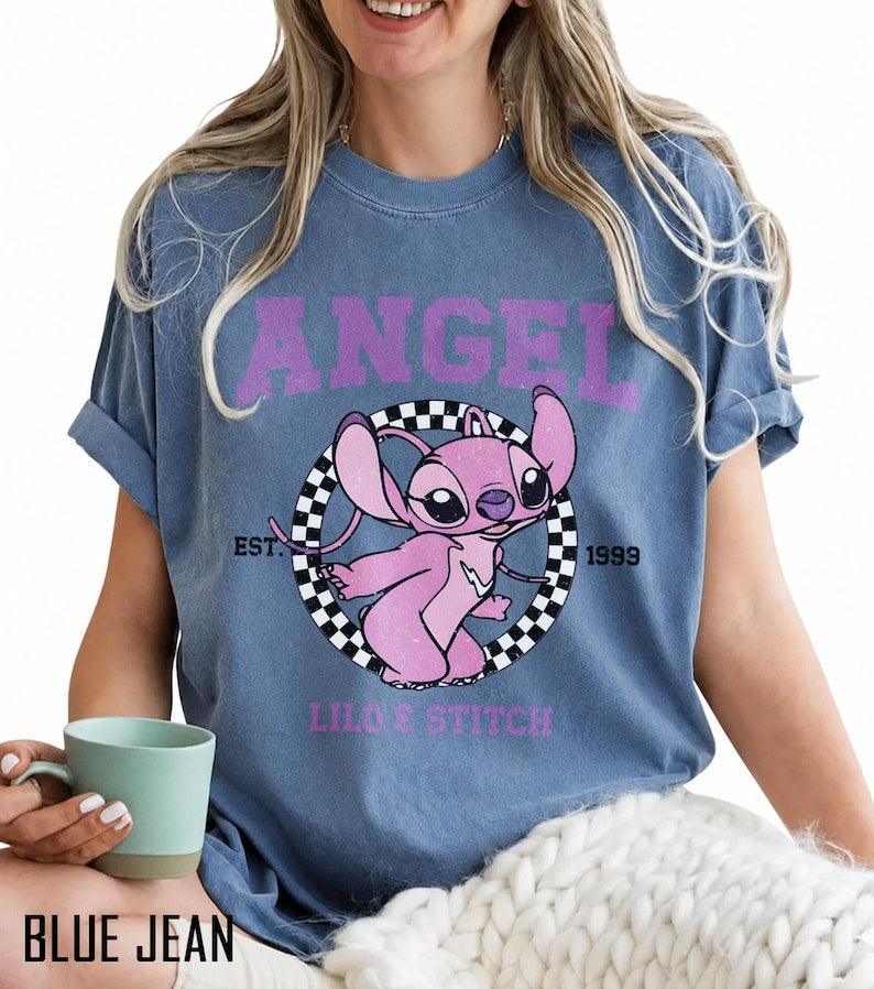 Pink Angel Stitch Shirt, Lilo & Stitch Tee, Disney Angel Shirt, Vintage Retro Graphic T-Shirt, Y2K Cartoon Tee, Women’s Comfort Colors Shirt
