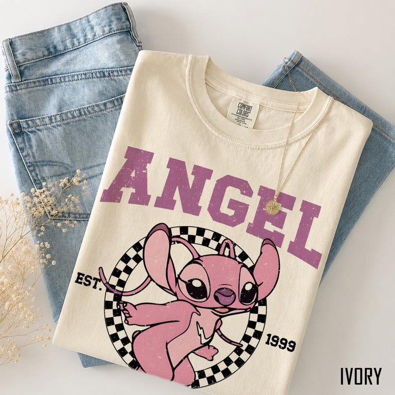 Pink Angel Stitch Shirt, Lilo & Stitch Tee, Disney Angel Shirt, Vintage Retro Graphic T-Shirt, Y2K Cartoon Tee, Women’s Comfort Colors Shirt