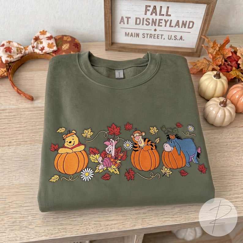 Winnie the Pooh Halloween Embroidered Sweatshirt, Pooh Piglet Tigger Eeyore Fall T-shirt, Pumpkin Embroidery Crewneck, Cozy Autumn Spooky