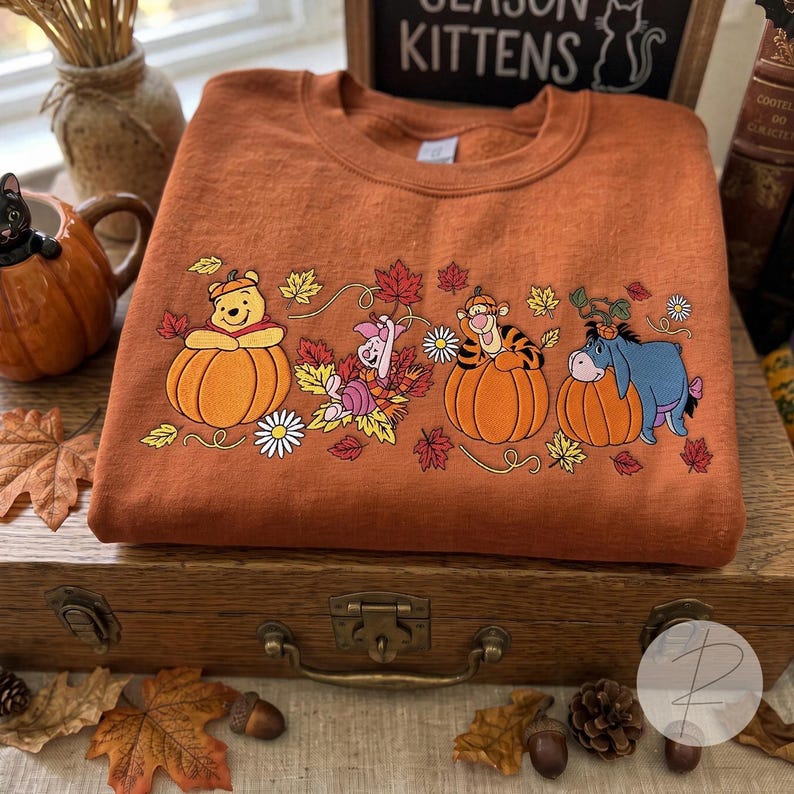 Winnie the Pooh Halloween Embroidered Sweatshirt, Pooh Piglet Tigger Eeyore Fall T-shirt, Pumpkin Embroidery Crewneck, Cozy Autumn Spooky
