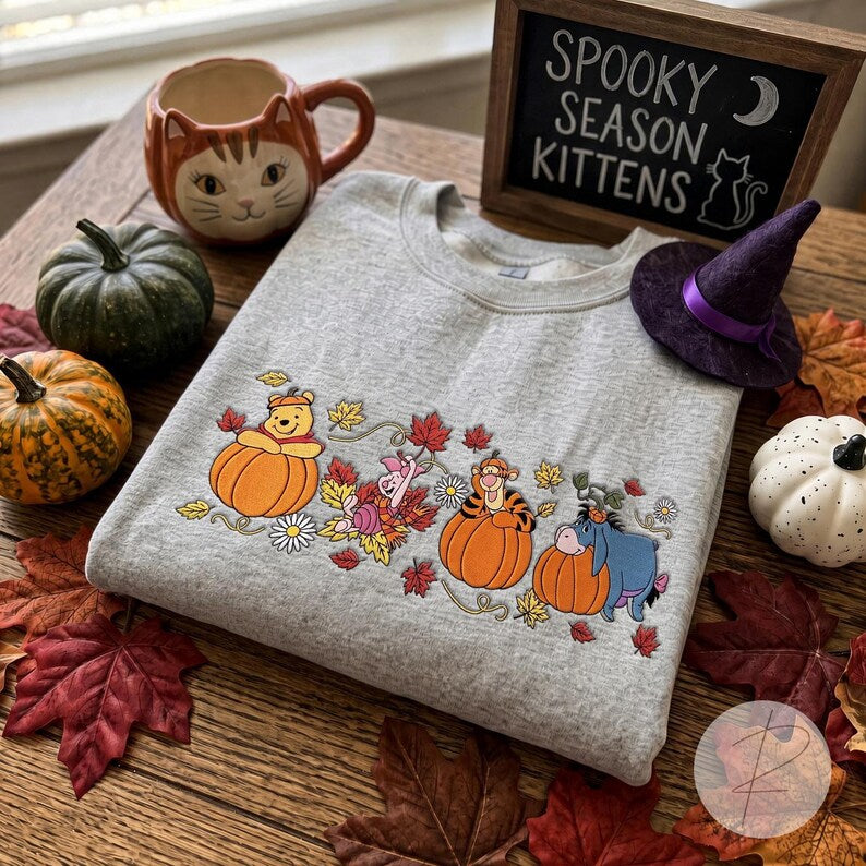 Winnie the Pooh Halloween Embroidered Sweatshirt, Pooh Piglet Tigger Eeyore Fall T-shirt, Pumpkin Embroidery Crewneck, Cozy Autumn Spooky