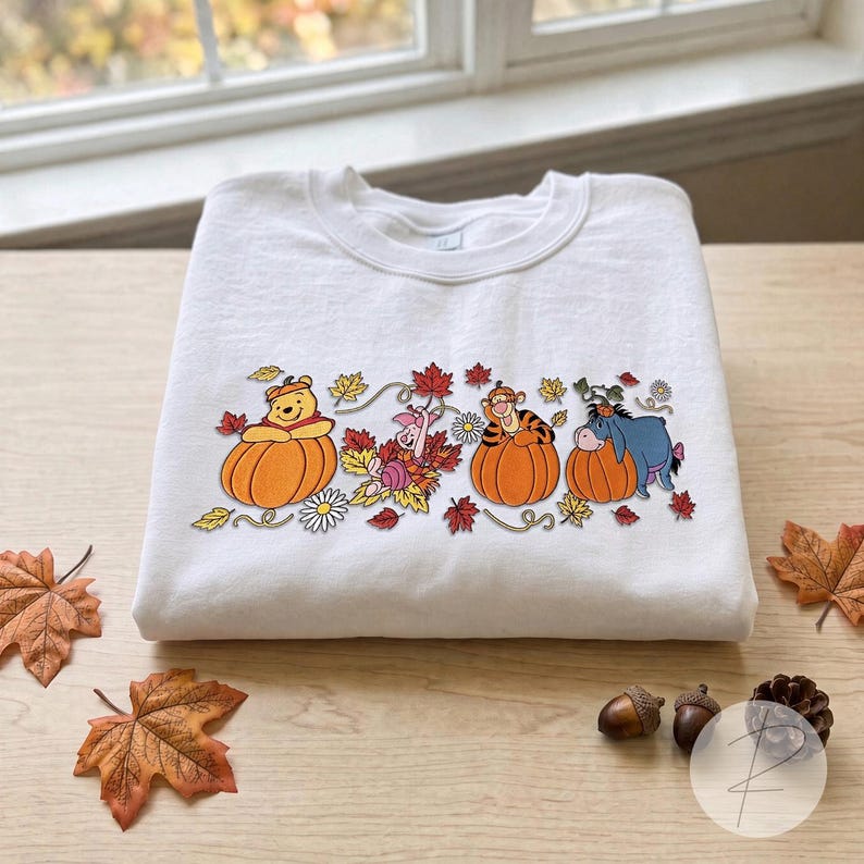 Winnie the Pooh Halloween Embroidered Sweatshirt, Pooh Piglet Tigger Eeyore Fall T-shirt, Pumpkin Embroidery Crewneck, Cozy Autumn Spooky