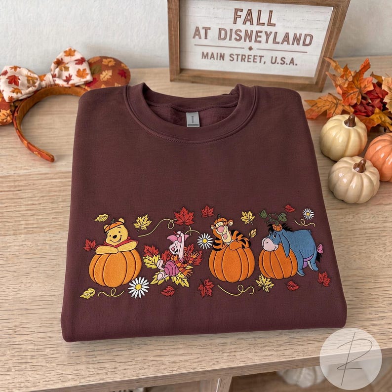 Winnie the Pooh Halloween Embroidered Sweatshirt, Pooh Piglet Tigger Eeyore Fall T-shirt, Pumpkin Embroidery Crewneck, Cozy Autumn Spooky