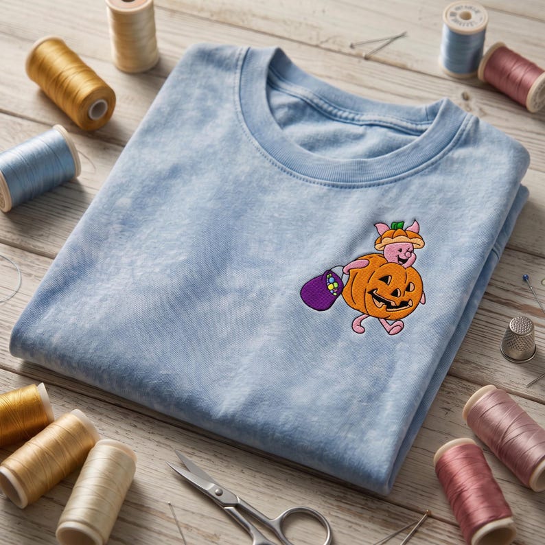 Embroidered Piglet Pumpkin Washed Tee, Spooky Disney Shirt, Halloween Winnie The Pooh Shirt, Disneyland Vacation Shirt, Disney Park Outfit