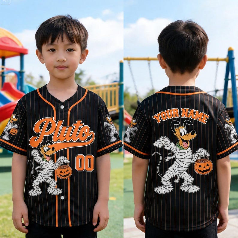 Personalized Pluto Dog Halloween Baseball Jersey, Custom Pinstripe Kids Halloween Trip Shirt