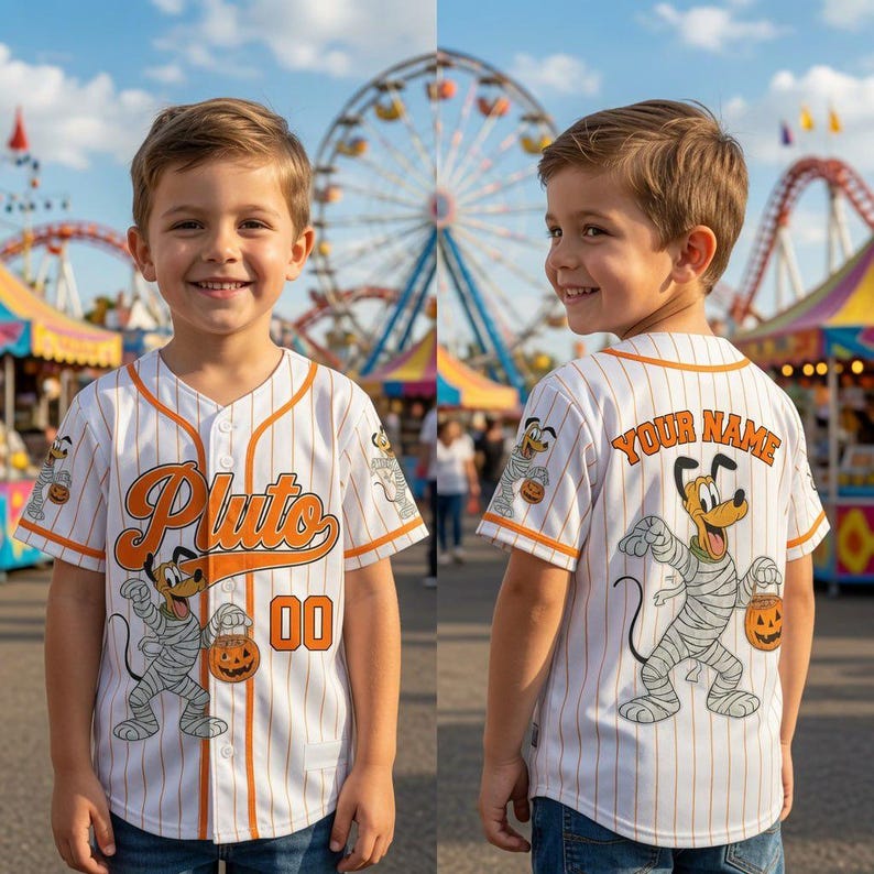 Personalized Pluto Dog Halloween Baseball Jersey, Custom Pinstripe Kids Halloween Trip Shirt