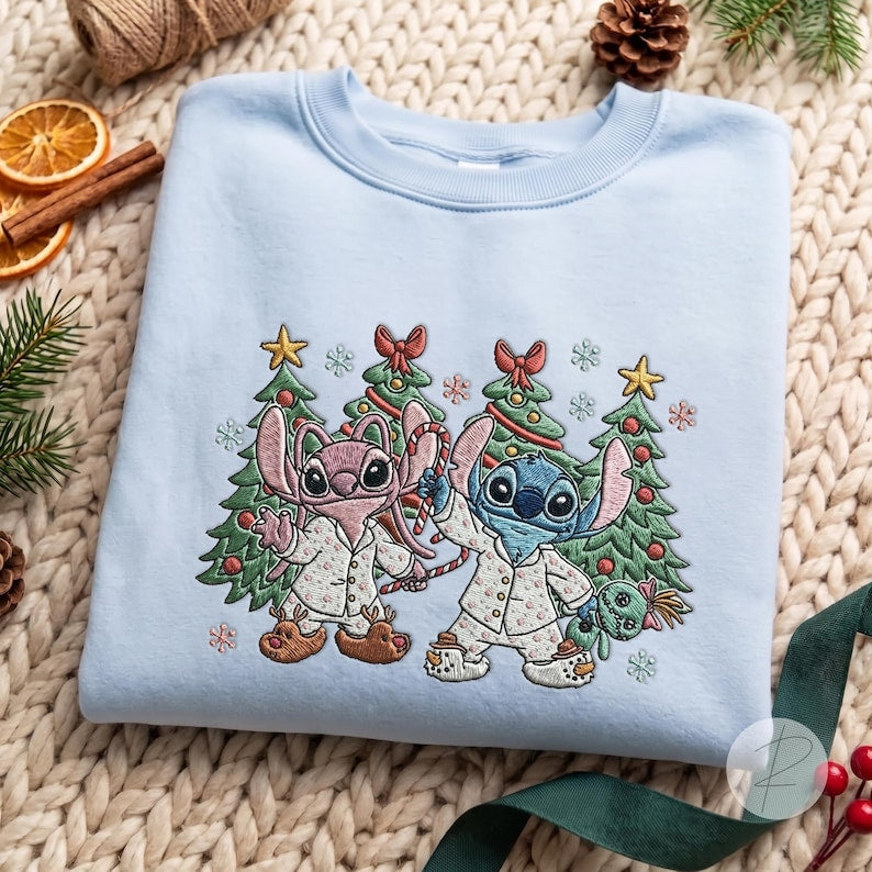 EMBROIDERED Stitch And Angel Christmas shirts, Embroidery Stitch Christmas shirts, Disney Christmas shirt, Stitch Christmas Lights Tee