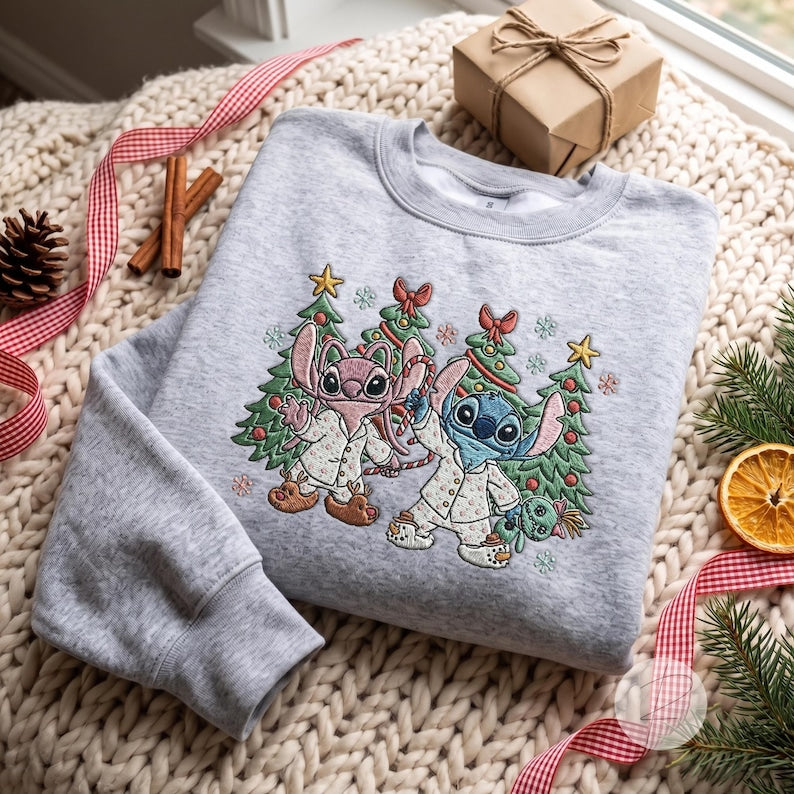 EMBROIDERED Stitch And Angel Christmas shirts, Embroidery Stitch Christmas shirts, Disney Christmas shirt, Stitch Christmas Lights Tee