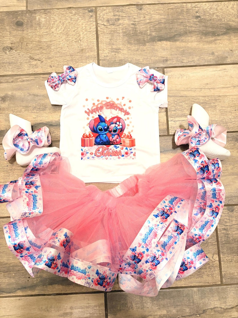 Stitch Inspired Birthday Outfit, Angel Tutu Set, Pink Tutu, Girl Birthday Outfit