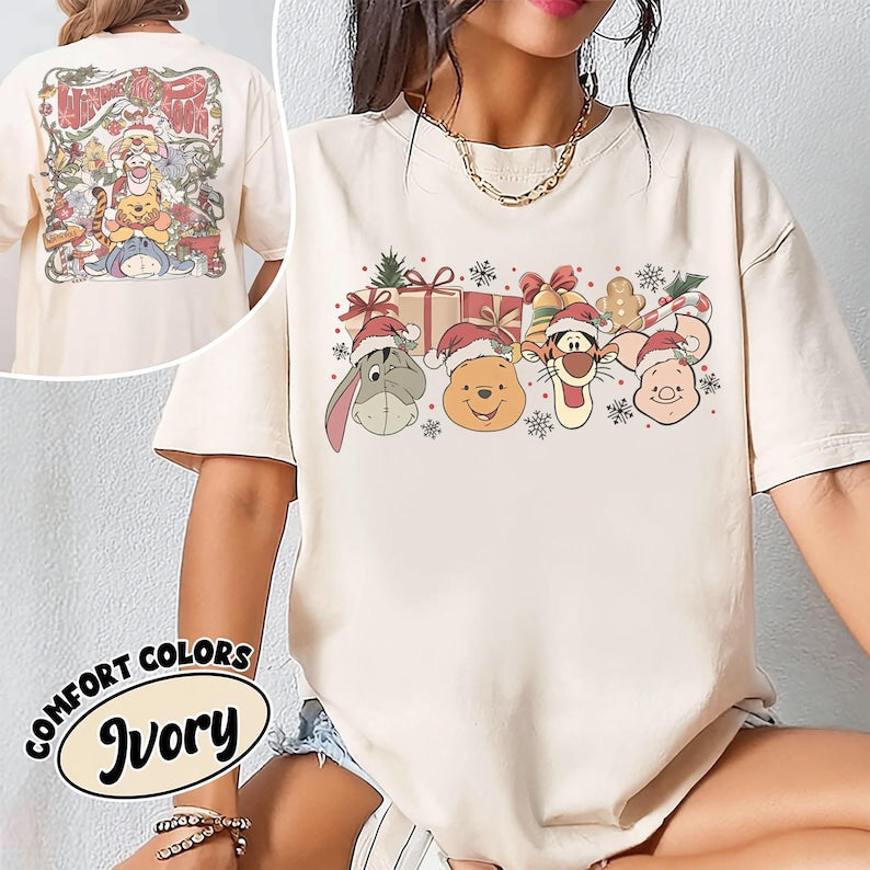 Retro Disney Winnie The Pooh Christmas Group Comfort Color Shirt, Pooh and Friends Tee, Pooh Tigger Eeyore Piglet Rabbit Christmas Light Tee