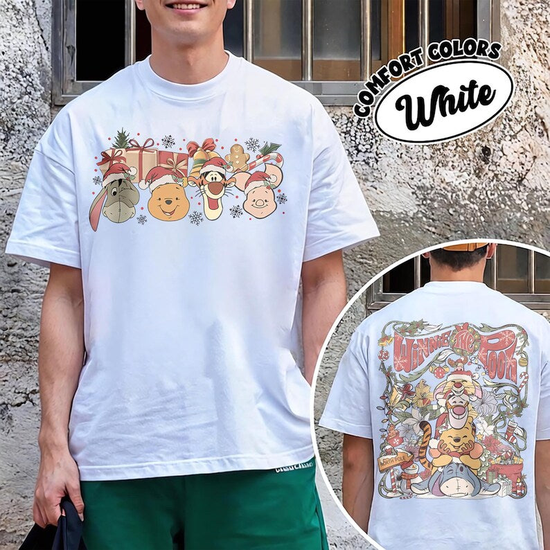 Retro Disney Winnie The Pooh Christmas Group Comfort Color Shirt, Pooh and Friends Tee, Pooh Tigger Eeyore Piglet Rabbit Christmas Light Tee