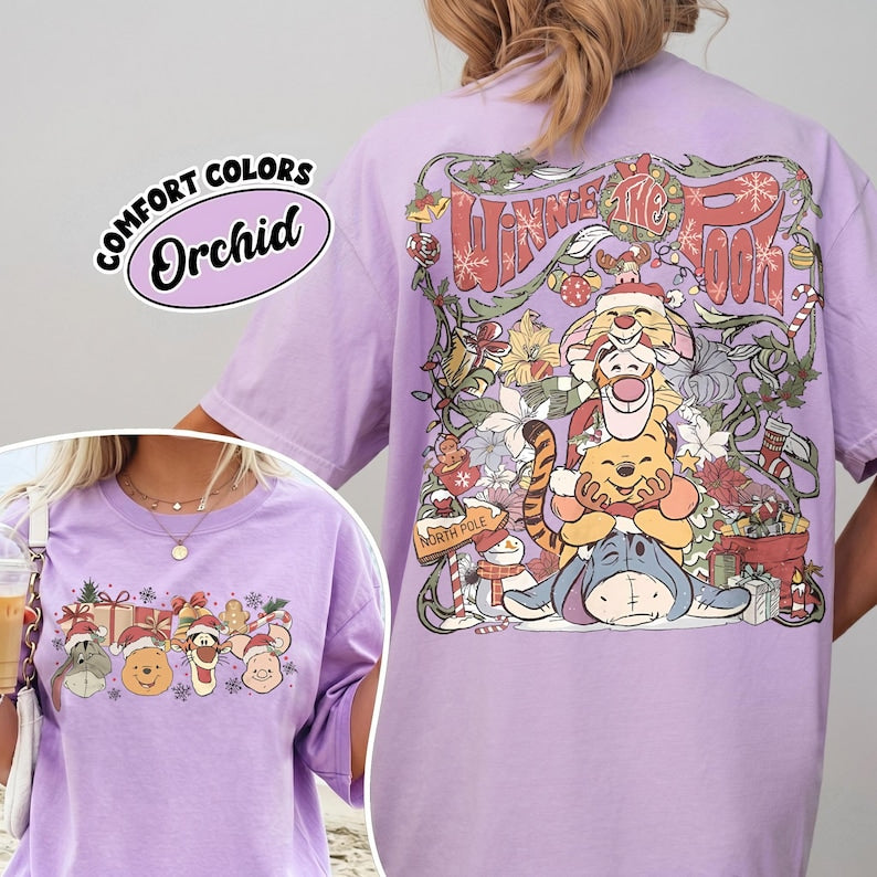 Retro Disney Winnie The Pooh Christmas Group Comfort Color Shirt, Pooh and Friends Tee, Pooh Tigger Eeyore Piglet Rabbit Christmas Light Tee