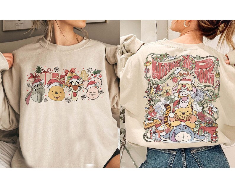 Retro Disney Winnie The Pooh Christmas Group Comfort Color Shirt, Pooh and Friends Tee, Pooh Tigger Eeyore Piglet Rabbit Christmas Light Tee