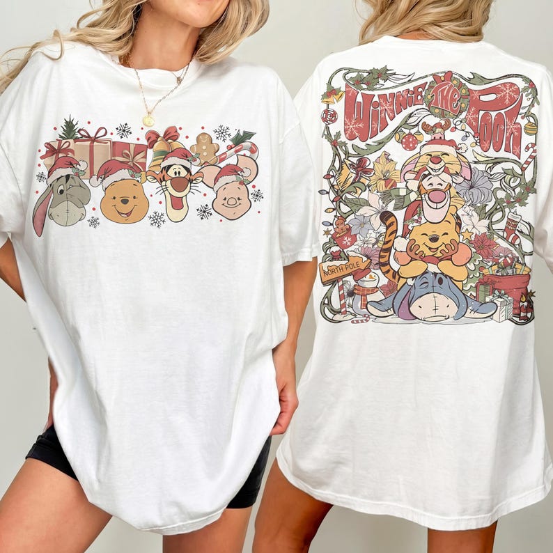 Retro Disney Winnie The Pooh Christmas Group Comfort Color Shirt, Pooh and Friends Tee, Pooh Tigger Eeyore Piglet Rabbit Christmas Light Tee
