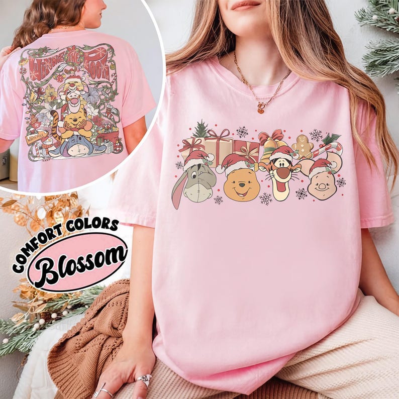 Retro Disney Winnie The Pooh Christmas Group Comfort Color Shirt, Pooh and Friends Tee, Pooh Tigger Eeyore Piglet Rabbit Christmas Light Tee