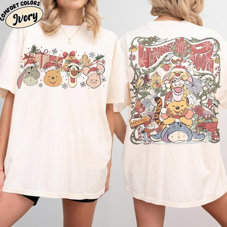 Retro Disney Winnie The Pooh Christmas Group Comfort Color Shirt, Pooh and Friends Tee, Pooh Tigger Eeyore Piglet Rabbit Christmas Light Tee