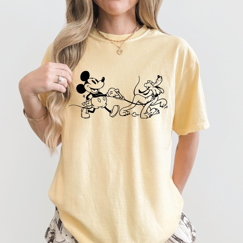 Mickey and Pluto Dog Walking Shirt, Comfort Colors Disney Tee, Classic Cartoon Graphic T-Shirt, Unisex Theme Park Outfit, Dog Lover Gift