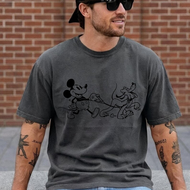 Mickey and Pluto Dog Walking Shirt, Comfort Colors Disney Tee, Classic Cartoon Graphic T-Shirt, Unisex Theme Park Outfit, Dog Lover Gift