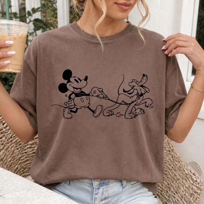 Mickey and Pluto Dog Walking Shirt, Comfort Colors Disney Tee, Classic Cartoon Graphic T-Shirt, Unisex Theme Park Outfit, Dog Lover Gift