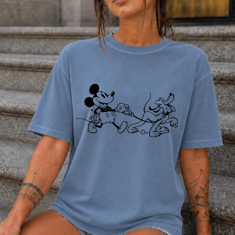 Mickey and Pluto Dog Walking Shirt, Comfort Colors Disney Tee, Classic Cartoon Graphic T-Shirt, Unisex Theme Park Outfit, Dog Lover Gift